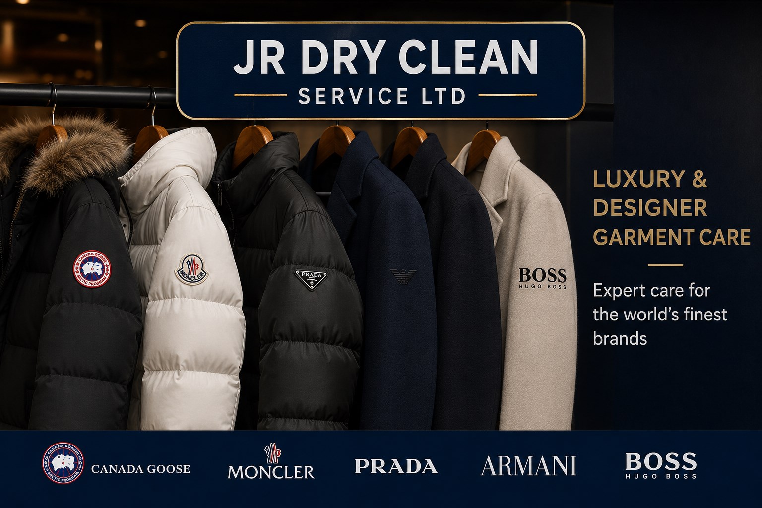 A rail of designer down jackets and wool coats hanging beneath a JR Dry Clean Service Ltd sign, captioned &lsquo;Luxury and designer garment care&rsquo;, above a row of brand names: Canada Goose, Moncler, Prada, Armani and Boss.