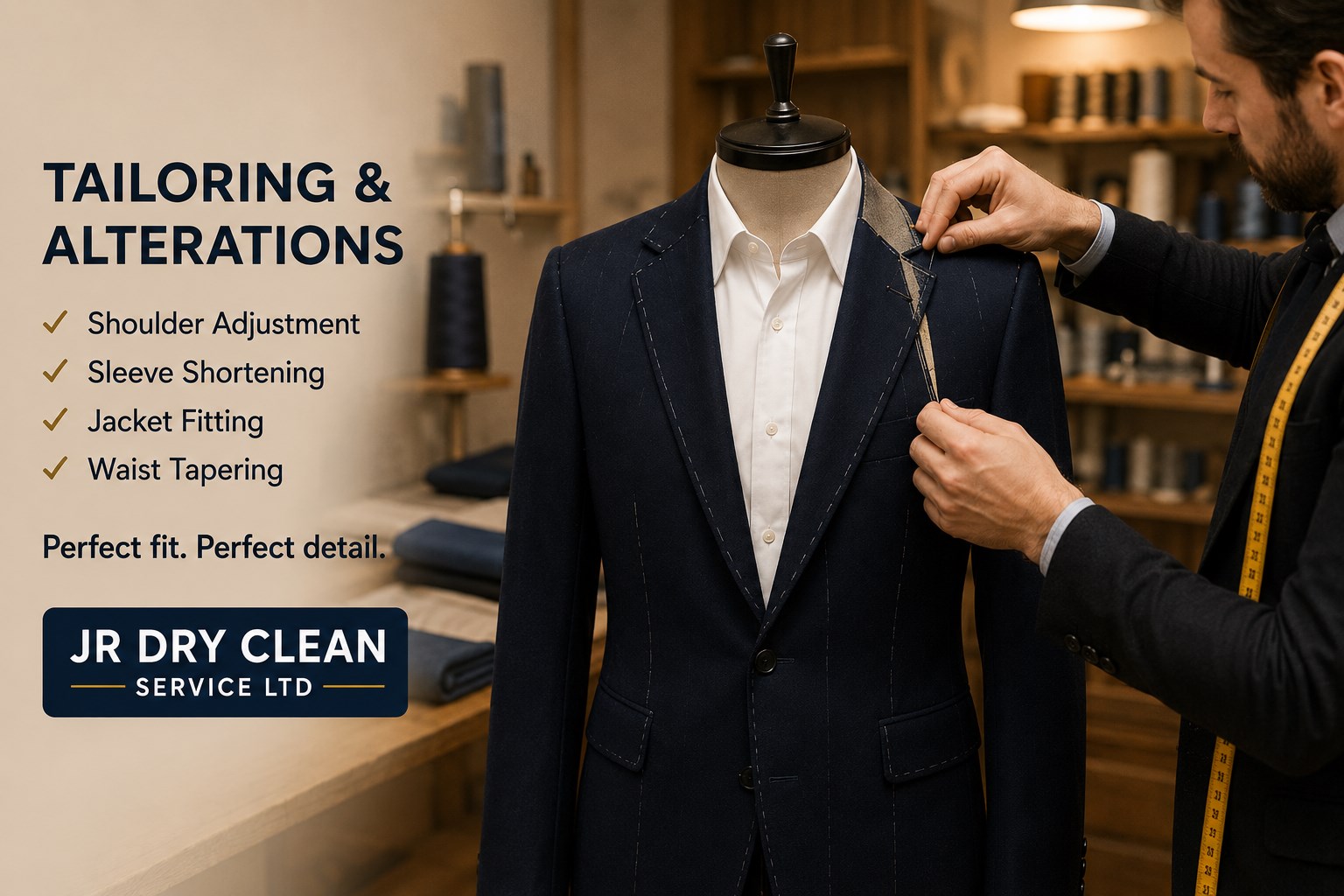 A tailor pinning the lapel of a navy suit jacket on a dressmaker&rsquo;s dummy in the workroom, captioned &lsquo;Tailoring and alterations &ndash; shoulder adjustment, sleeve shortening, jacket fitting, waist tapering. Perfect fit. Perfect detail.&rsquo;