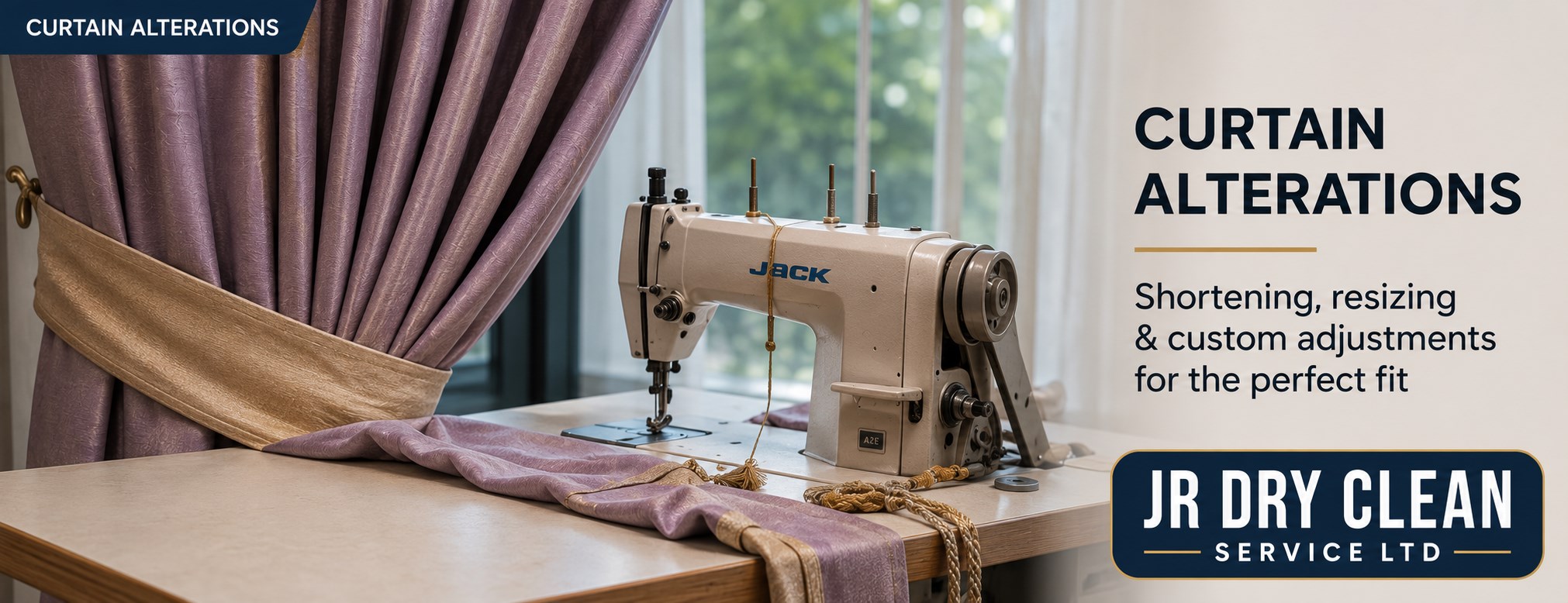 A mauve curtain with a gold tieback beside an industrial sewing machine at a workroom window, captioned &lsquo;Curtain alterations &ndash; shortening, resizing and custom adjustments for the perfect fit&rsquo;.
