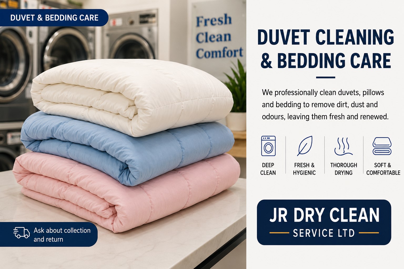Three folded duvets in cream, blue and pink stacked on a counter, captioned &lsquo;Duvet cleaning and bedding care &ndash; we professionally clean duvets, pillows and bedding to remove dirt, dust and odours, leaving them fresh and renewed&rsquo;, with icons for deep clean, fresh and hygienic, thorough drying, and soft and comfortable.