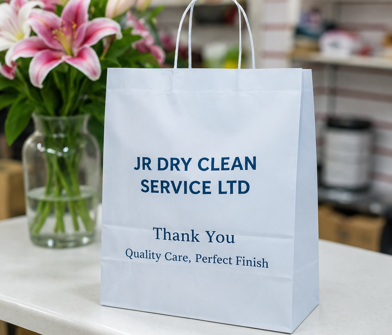 A JR Dry Clean Service Ltd paper bag on the shop counter, printed with &lsquo;Thank You &ndash; Quality Care, Perfect Finish&rsquo;.
