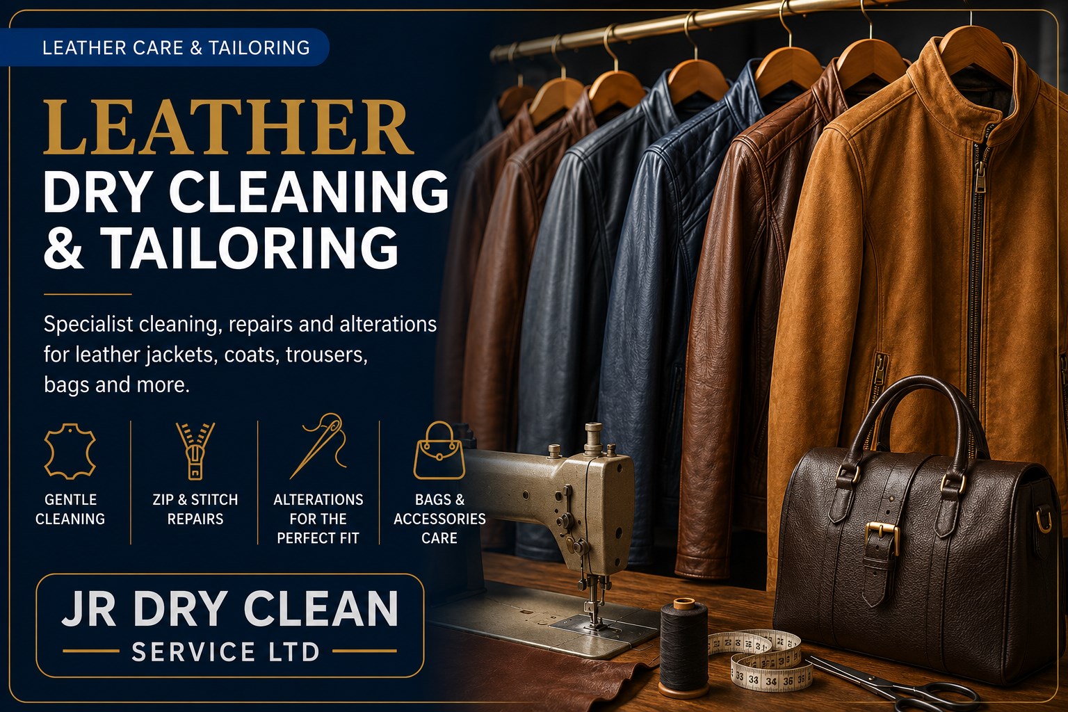 A rail of leather jackets in brown, navy and tan beside a sewing machine and a leather holdall, captioned &lsquo;Leather dry cleaning and tailoring &ndash; specialist cleaning, repairs and alterations for leather jackets, coats, trousers, bags and more&rsquo;, with icons for gentle cleaning, zip and stitch repairs, alterations, and bags and accessories care.