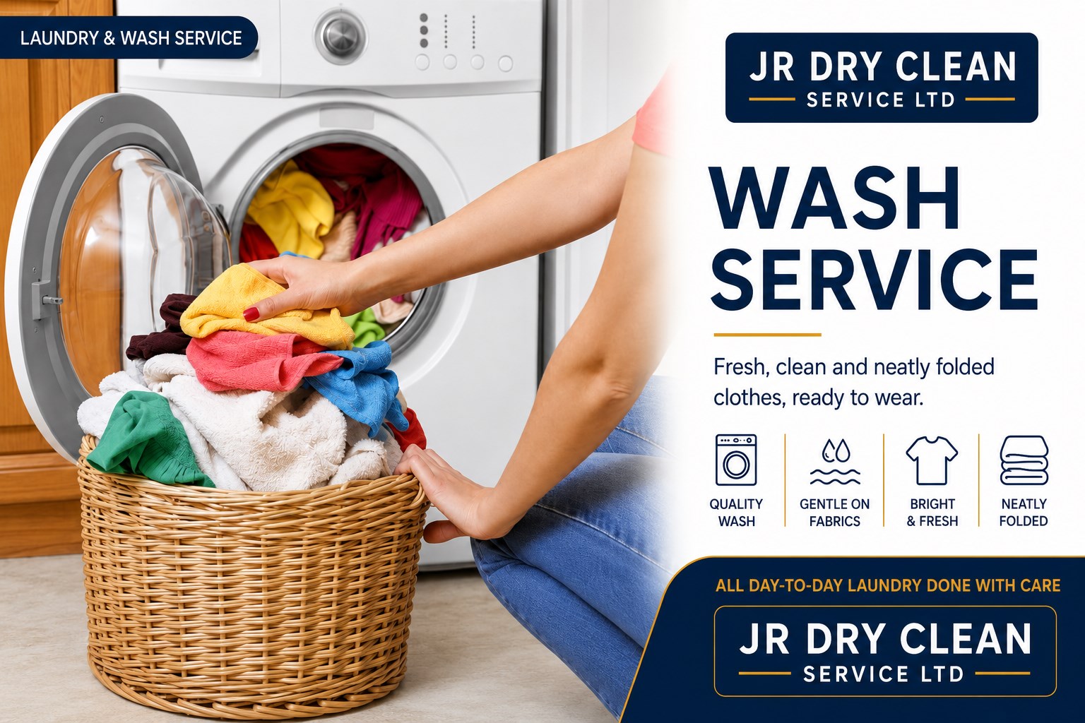 Laundry and wash service: a basket of colourful washing being loaded into a machine, captioned &lsquo;Wash service &ndash; fresh, clean and neatly folded clothes, ready to wear&rsquo;, with icons for quality wash, gentle on fabrics, bright and fresh, and neatly folded.
