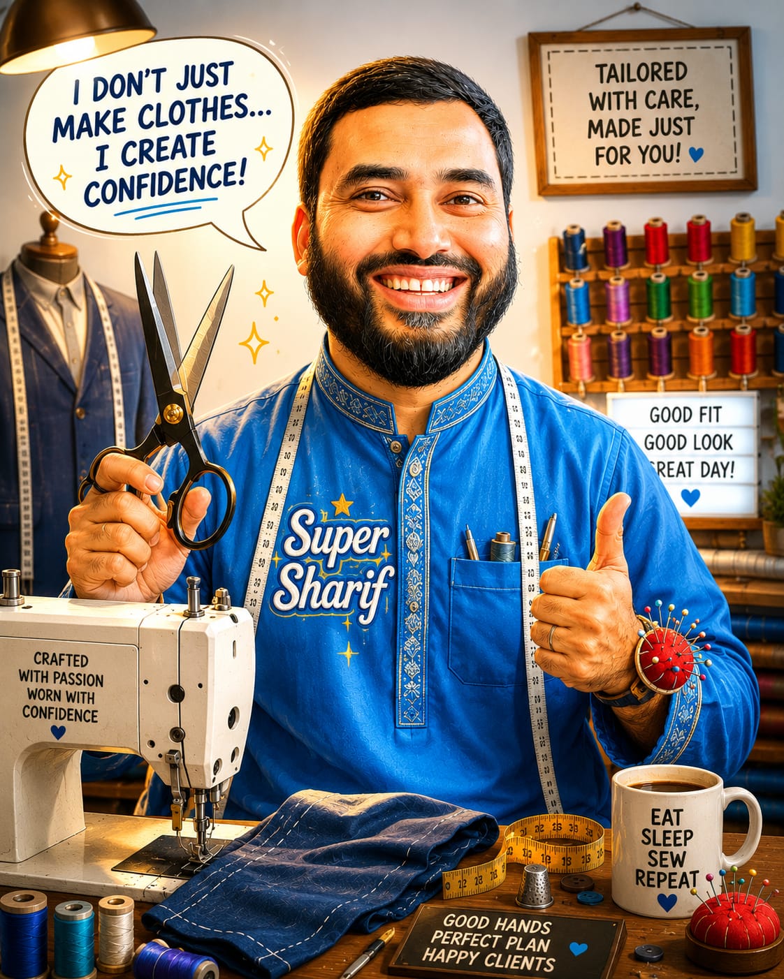Sharif at the sewing machine in the shop, scissors in hand and a tape measure round his neck.