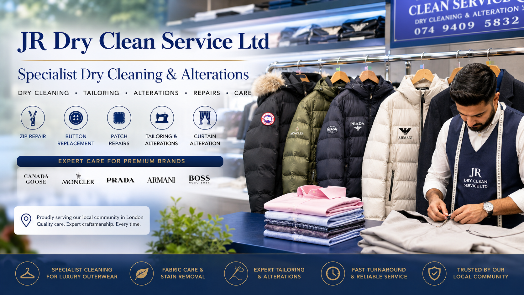 Inside JR Dry Clean Service Ltd on Cambridge Heath Road: a tailor working on a jacket beside a rail of cleaned coats and a stack of pressed shirts.